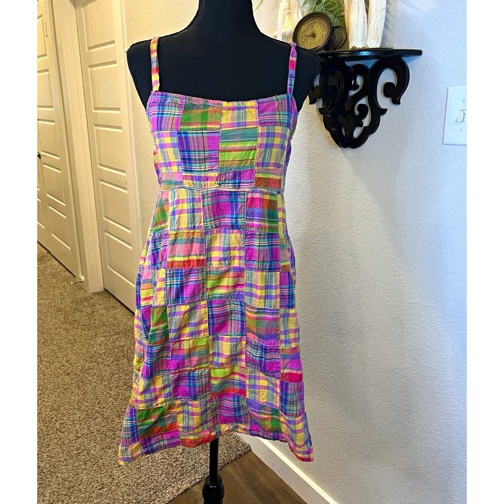 Multicolor Plaid Patchwork Square Neck Strappy Adjustable Sundress Knee Length